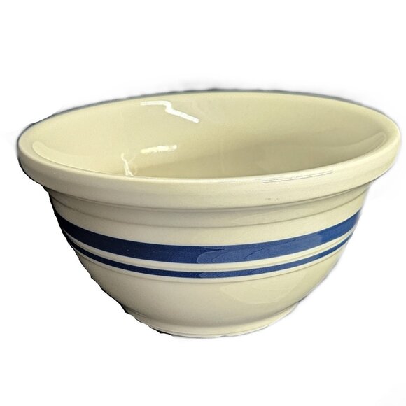 Friendship Pottery Mixing Bowl Roseville Ohio 2 Blue Stripes on Cream Like New! - Picture 1 of 10